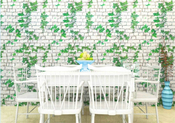 White Bricks with Leaf Wallpaper