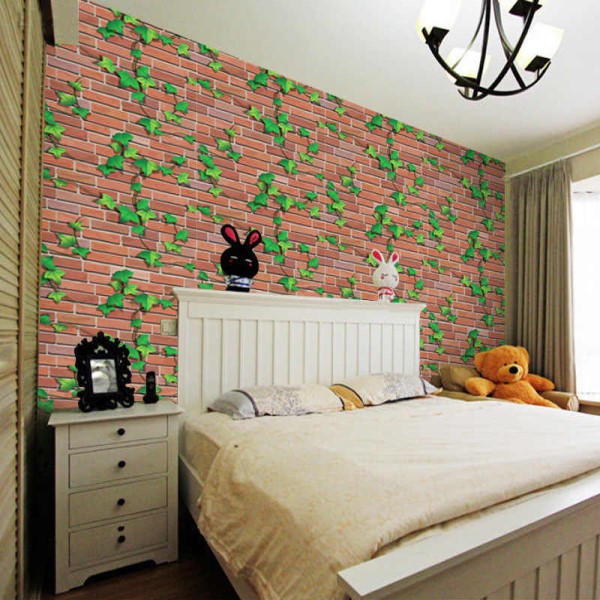Brick with Green Leaf Wallpaper