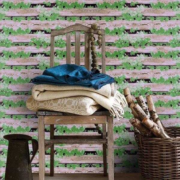 Wooden Strip with Green Leave Wallpaper