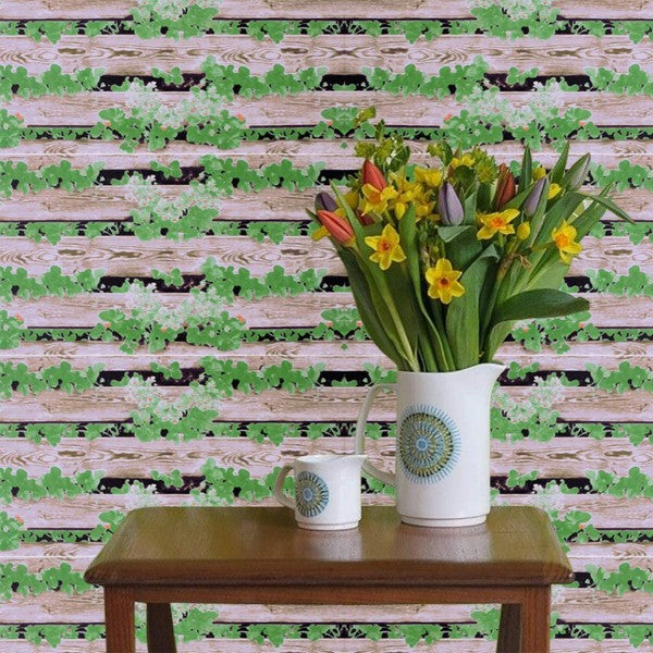 Wooden Strip with Green Leave Wallpaper
