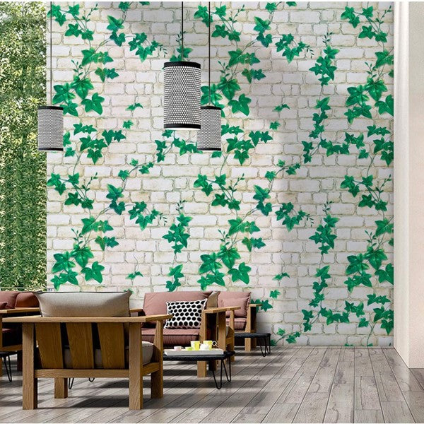 White Bricks with Leaf Wallpaper