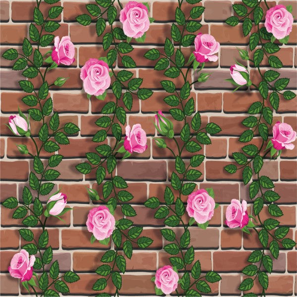 Brick, Flowers with Green Leaf Wallpaper